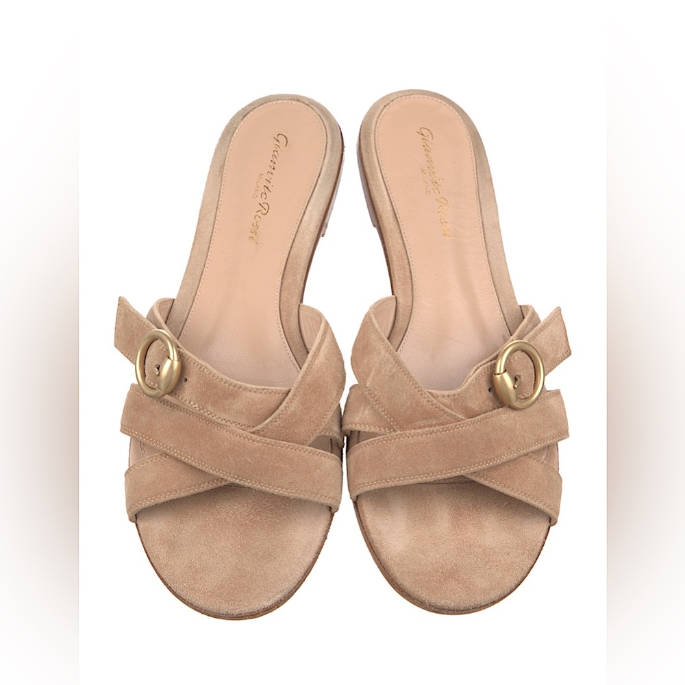 Gianvito Rossi Beya Suede Flat Sandals, Light Beige, size 38 (7.5)